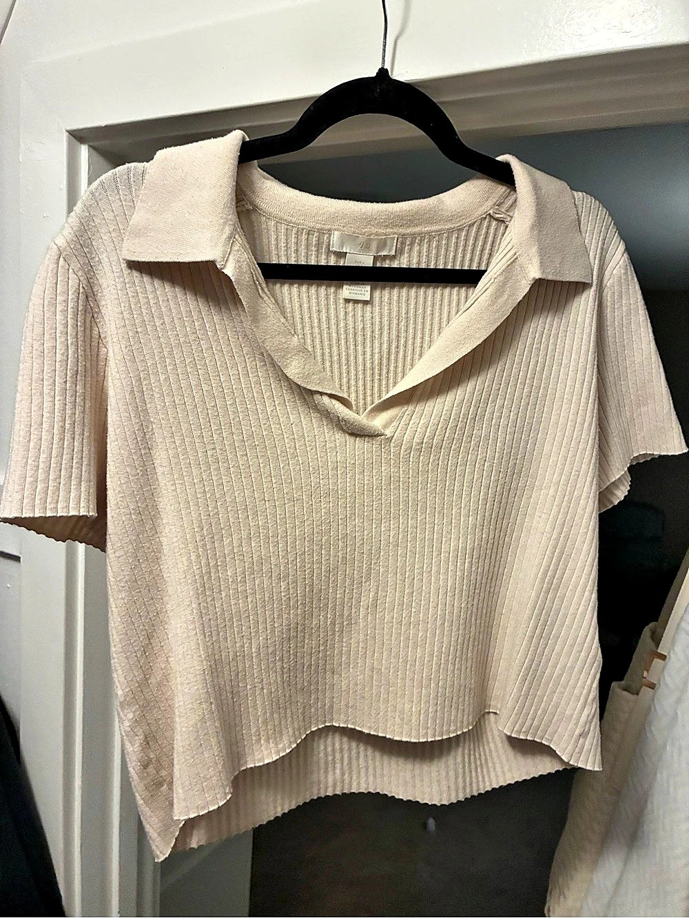 H&M Ribbed Collared Short Sleeve Top in Cream Large